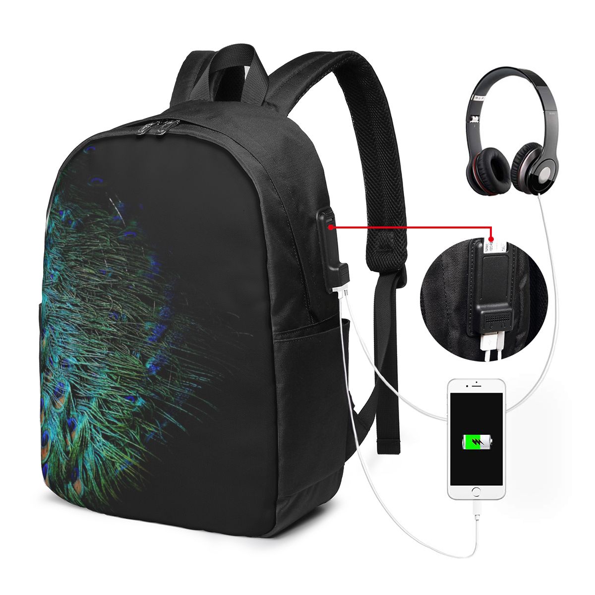 Laptop Bag - ขนนกยูงบนพื้นหลังสีดำ กระเป๋าเป้สะพายหลัง กระเป๋าใส่โน๊ตบุ๊ค กระเป๋าคอมพิวเตอร์ กระเป๋านักเรียน กระเป๋าสะพายแล็ปท็อป